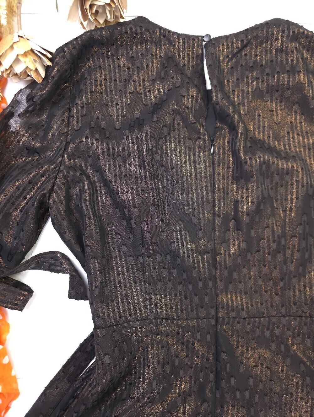 Like New Nine West Black Metallic Fit-and-Flare Dress with Tie Sleeves Sz 6 - Picture 13 of 13